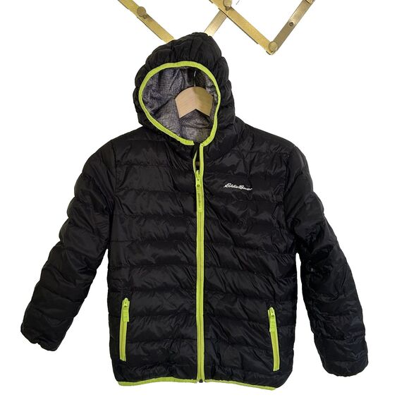 Eddie Bauer Boys Coat Size Small 7 8 Reversible Down  Black Grey Hooded Winter - Picture 1 of 12